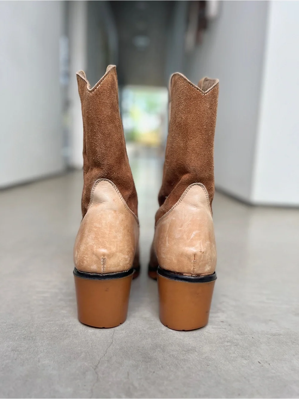 Vintage Two Tone Tan Leather Suede Lug Sole Western Boots
